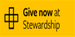 A black cross and text reading Give Now At Stewardship in black text on a yellow background