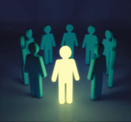 Image of 2D figures standing in a circle. They are all blue except one (Jesus) which is glowing white