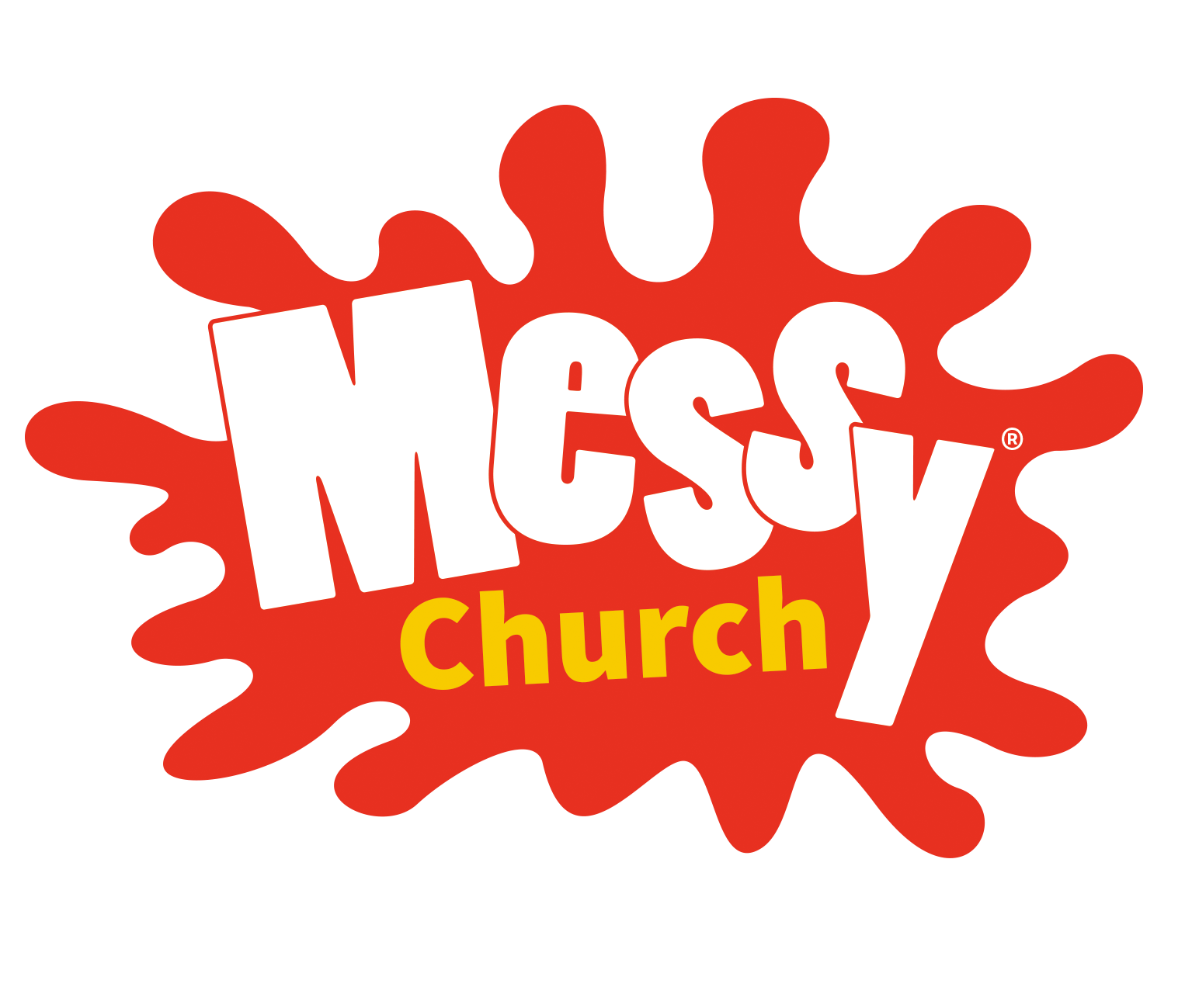 Messy Church logo - white and yellow text on a red splodge