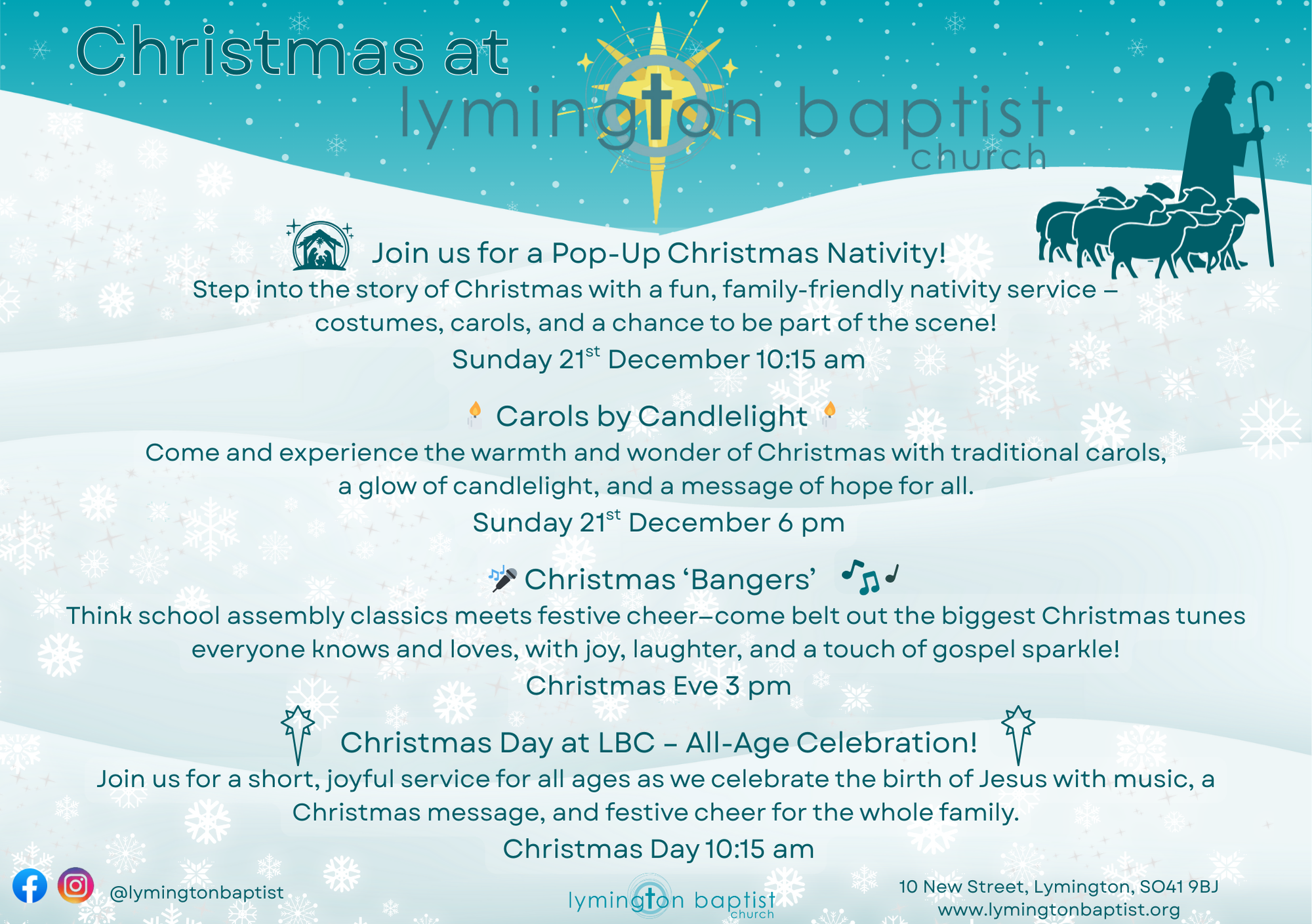 Christmas Flyer back, includes a picture of a shepherd holding a crook and several sheep. Plus details of Christmas Services. See full details below.