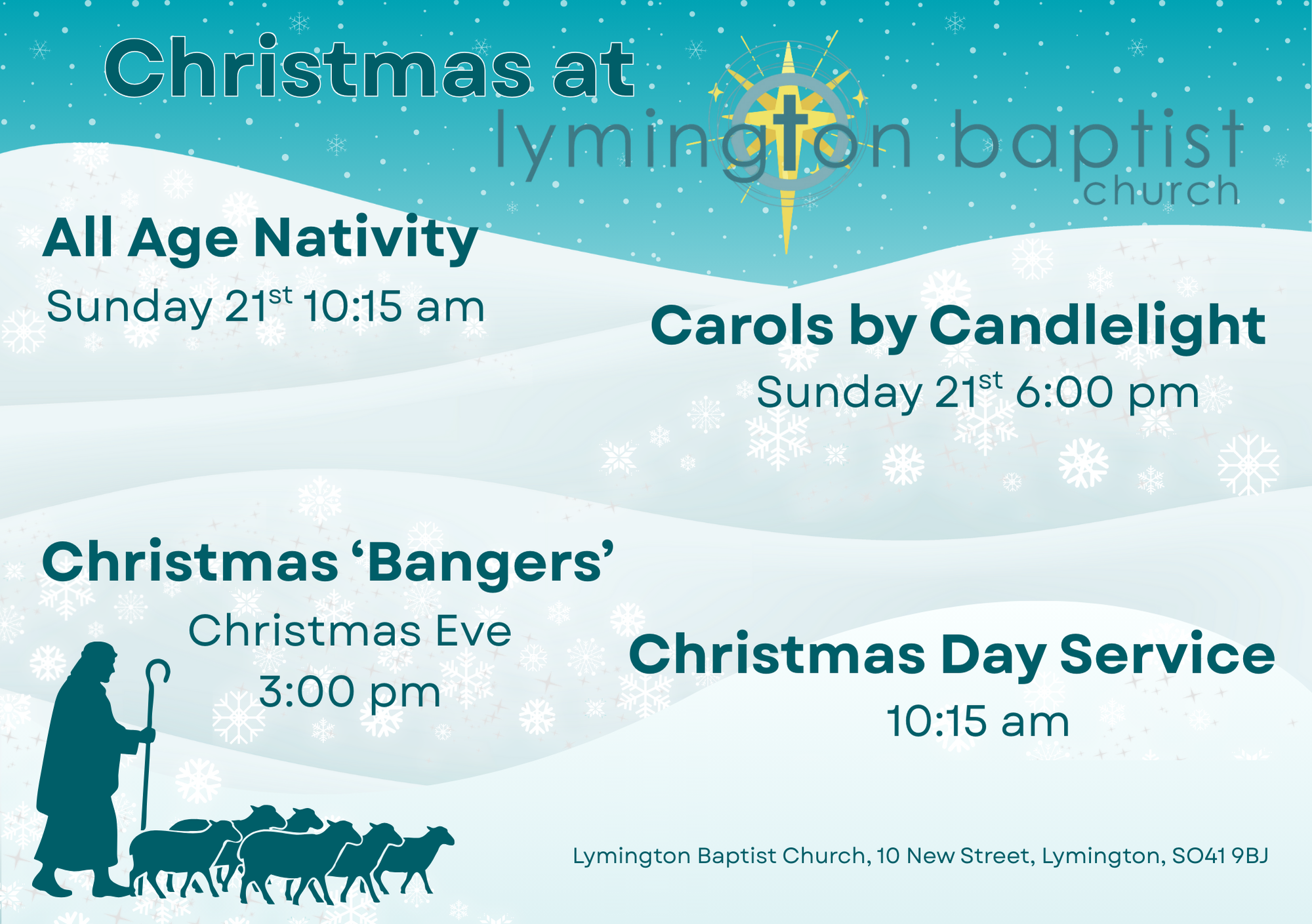 Christmas at lymington baptist church. All Age Nativity Sunday 21st 10.15am. Carols by Candlelight Sunday 21st 6.00pm. Christmas 'Bangers' Christmas Eve 3.00pm. Christmas Day Service 10.15am. Image of a shepherd holding a crook and several sheep. 